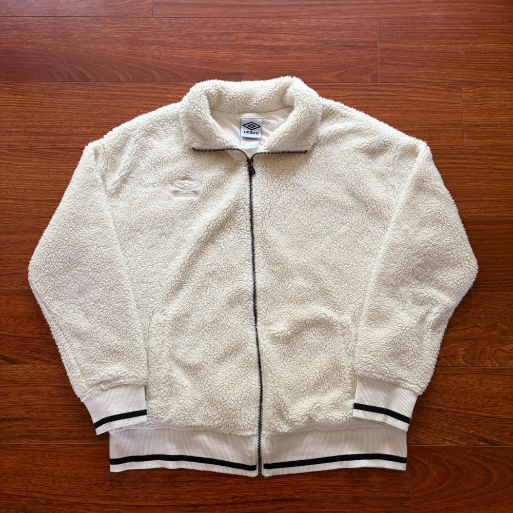 Umbro Mens Sherpa Fleece Full Zip Jacket Cream White Striped Trim Large